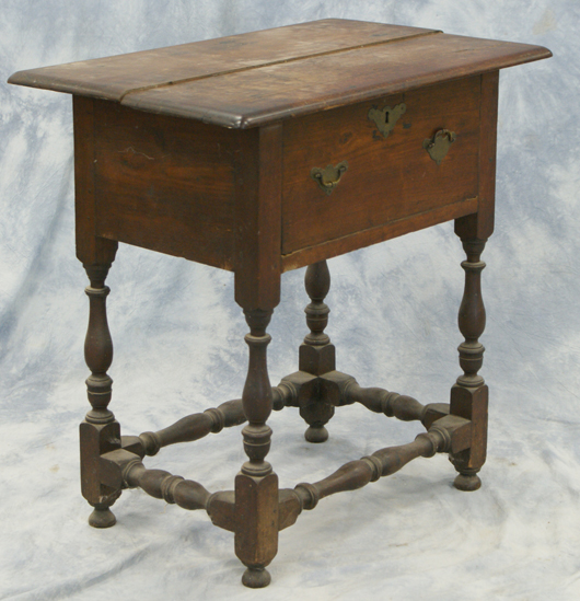 A sweet piece from the Fred Peech estate was this walnut William & Mary stretcher-base tavern table with one full drawer. Made in Pennsylvania in the early 18th century, the table sold for $21,060.