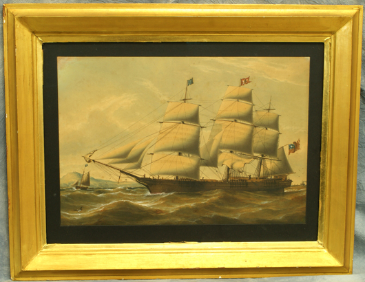 Flying a 15-star U.S. flag is the bark 'Sea Lark,' depicted in a mid-19th-century watercolor attributed to English marine painter Duncan MacFarlane. The 16-inch by 34-inch work in a gold painted frame sold for $6,435.