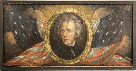 Patriotic vignette of Andrew Jackson, oil on board, 19th century. 10 3/8 inches high by 20 3/8 inches wide. Est. $7,500-$8,500. Image courtesy of Case Antiques Auctions and Appraisals.