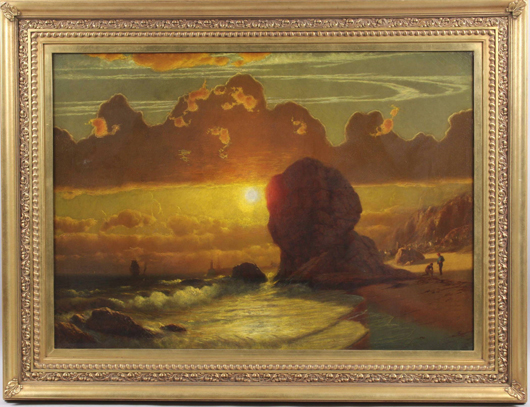 James Fairman (1826-1904) painted this coastal view with ships. The oil on canvas is signed and framed. It has a $10,000-$20,000 estimate. Image courtesy of Kaminski Auctions.