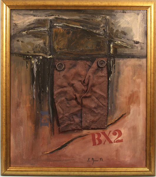 Eugene Rukhin (Russian, 1943-1976), abstract collage, oil, burlap and mixed media, signed lower right, 30 by 26 inches. Est. $5,000-$10,000. Image courtesy of Kaminski Auctions.