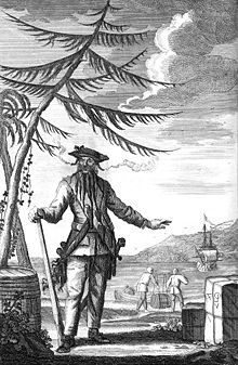 Blackbeard the Pirate, copperplate engraving published in Daniel Defoe's 1736 Capt. Teach alias Black-Beard (Publisher: Oliver Payne, London).