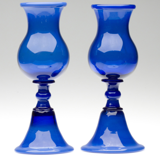 Important pair of free-blown vases, stunning sapphire blue with an opalescent bloom. Probably New England, 1840-1860. Height: 11 1/2 inches. Estimate: $2,000-4,000. Image courtesy Jeffrey S. Evans & Associates.