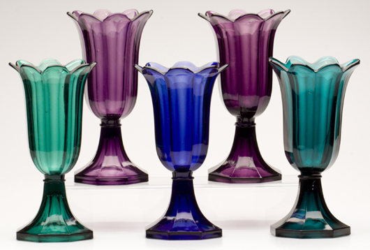 From a fine selection of pressed Sandwich Tulip vases in shades of green, blue and amethyst. Boston & Sandwich Glass Co., 1845-1865. Heights: 10 inches. Estimates: $2,000-$6,000 each. Image courtesy Jeffrey S. Evans & Associates.