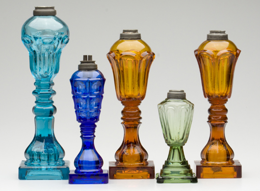 From a large selection of rare colored whale oil and fluid lamps. 1845-1865. Estimates: $1,500-$4,000 each. Image courtesy Jeffrey S. Evans & Associates.