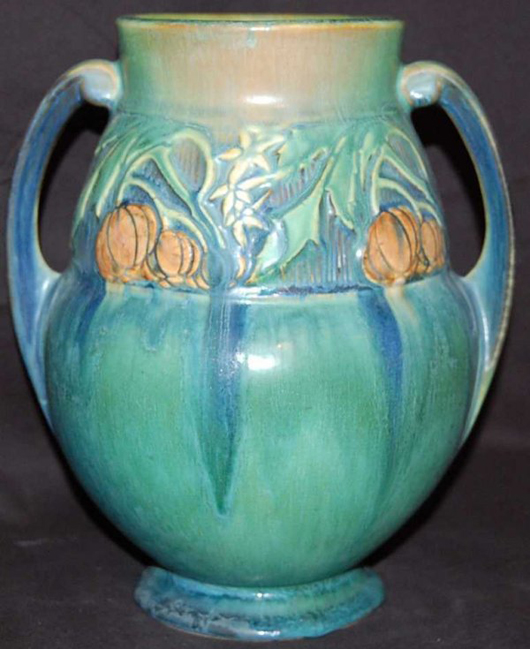 Among the best pieces of Roseville in the auction is this Baneda vase #596-9