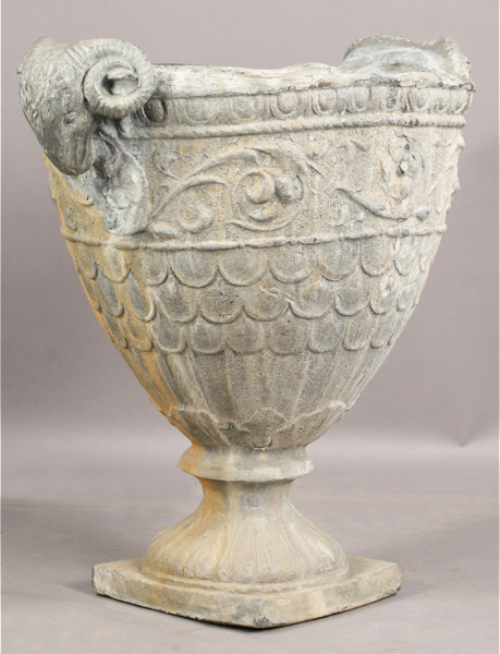 The top lot at the spring garden sale was a set of Continental Neoclassical cast-led garden urns with ram’s head handles. The pair was expected to fetch $3,000 but bidding sprouted to $13,800. Image courtesy Kamelot.