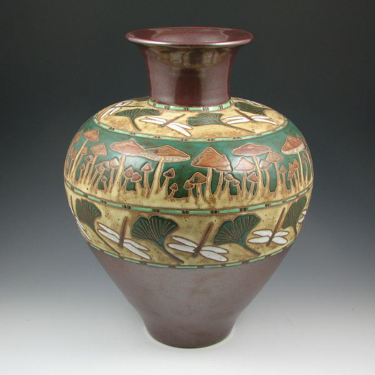 Eric Olson Dragonfly & Mushroom Vase, Image courtesy of Belhorn Auction Services.