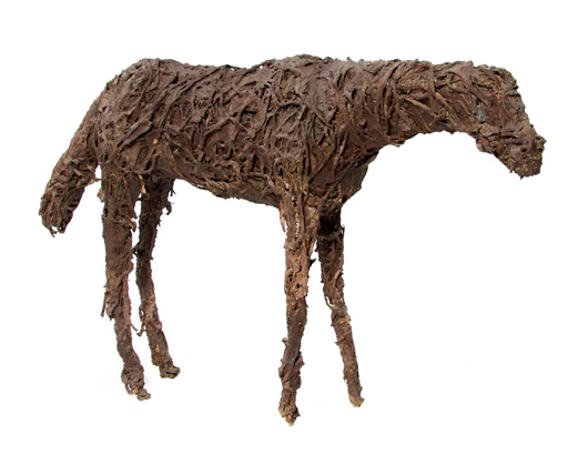 ‘Horse’ is a mixed media sculpture by Deborah Butterfield (American, b. 1949). It measures 26 1/2 inches by 46 inches by 11 inches and has a $20,000-$40,000 estimate. Image courtesy of Leslie Hindman Auctioneers.