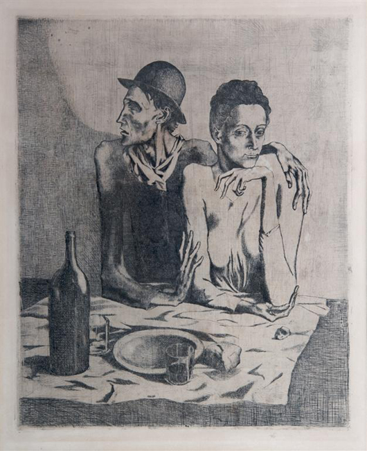Pablo Picasso’s etching ‘Le Repas Frugal’ is from an edition of 250. The work measures 18 1/8 inches by 14 3/4 inches. It has a $120,000-$140,000 estimate. Image courtesy of Leslie Hindman Auctioneers.