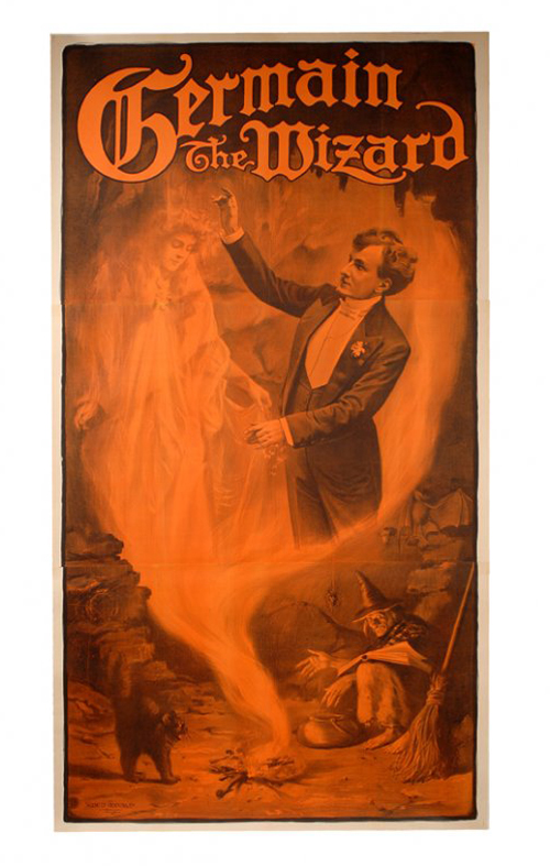 This three-sheet poster color lithograph poster in orange and black gave the public a glimpse of Germain the Wizard’s Witch’s Cauldron illusion, which materialized a female ghost from the flames of a fire. The circa 1908 poster, which is 41 inches by 76 1/2 inches, has a $3,500-$4.500 estimate. Image courtesy of Potter & Potter Auctions.