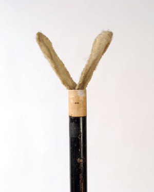 Dutch conjuror Fred Kaps, who appeared on the Ed Sullivan Show on Feb. 9, 1964, the same night as the Beatles performed, often used this walking stick to produce a live white rabbit. The 33-inch-long stick with faux ears on the top end and a spring-loaded rabbit tail at the tip has a $2,500-$3,500 estimate. Image courtesy of Potter & Potter Auctions.
