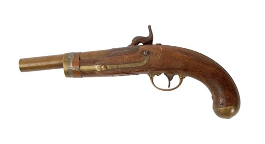 Vaudeville and chautauqua magicians Imro Fox, Frank Ducrot and Eugene Laurant used this H. Aston Model 1847 percussion pistol much like a wand. Passed down from one great magician to another, this prop is expected to bring $3,000-$4,000. Image courtesy of Pottery & Potter Auctions.