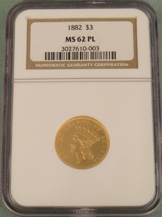 Estimates range from $17,000 to more than $21,000 for this 1882 $3 gold coin, NGC Mint State 62 Proof Like. Image courtesy of Universal Live.