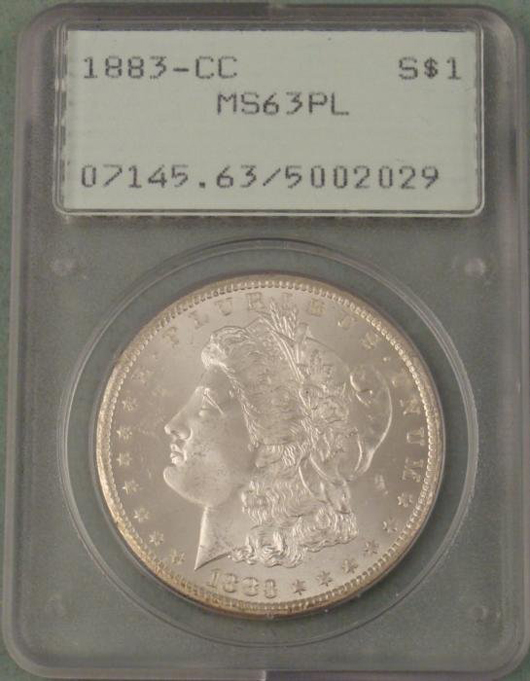 This 1883 CC Morgan silver dollar, MS63 Proof Like, has a $500-$775 estimate. Image courtesy of Universal Live.