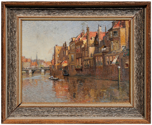 In a crowded field of paintings in the sale, this canal paining by California artist Colin Campbell Cooper topped all. It sold for $9,775. Image courtesy of Brunk Auctions.