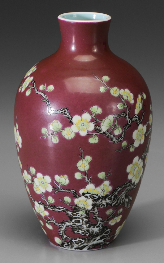 This 6 3/8-inch 19th-century ovoid form vase with puce ground and turquoise interior was the top Chinese porcelain lot at $11,500. Image courtesy of Brunk Auctions.