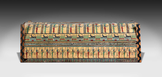 The 8-foot-long outer coffin of Meretites is displayed in a new gallery devoted to ancient art. Image courtesy of Nelson-Atkins Museum of Art.
