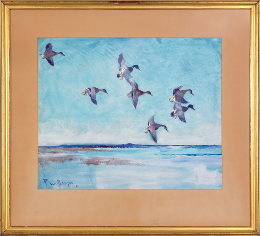 Frank Weston Benson (American, 1862-1951), watercolor of six ducks landing in a marsh, signed lower left and dated '31, 20" x 24". $47,140