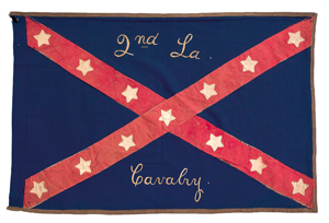 An important Confederate Civil War flag for the 2nd Louisiana cavalry captured at Henderson, Louisiana, March 21, 1864 by William Ayers, 2nd Sergeant Company H, 35th Iowa Volunteers, 5th Infantry, the blue twill ground fabric with cotton stripes with thirteen appliqué stars and embroidered script 2nd Louisiana Cavalry, 25 1/2" x 38 1/4". Accompanying this lot is a tin type of William Ayers in uniform, a copy of the Vicksburg Daily, July 3, 1863, and a photo of him later in life. The flag was passed down to William's son, Arthur Wakefield Ayers. It was loaned and subsequently donated to the Southern Oregon Historical Society in the 1950's. Provenance: Southern Oregon Historical Society. $51,480