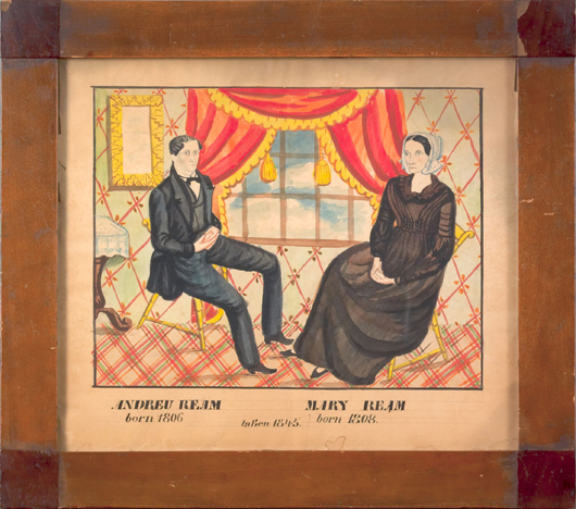 Reading Artist (Berks County, Pennsylvania, active 1828-1845), watercolor double portrait of Andrew and Mary Ream dated 1845, both figures seated in yellow windsor chairs in a vibrant decorated interior with red curtains and lattice pattern floor, 11 1/2" x 13 1/2". This is the only double portrait by this artist that we are aware of. $23,400