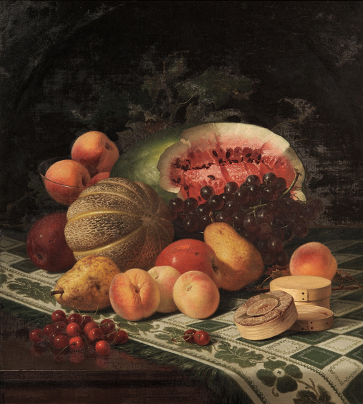 Robert Spear Dunning’s luscious ‘Still Life with Fruit’ is dated 1866. The oil on canvas measures  24 1/2 inches by 22 inches. Image courtesy of Skinner Inc.