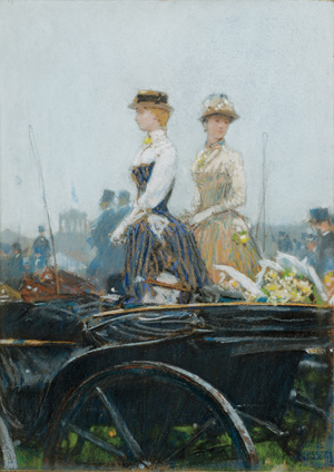 Childe Hassam (American, 1859-1935) painted ‘At the Grand Prix’ about 1887. The pastel and graphite on paper/board is 11 1/2 inches by 8 1/4 inches. It has a $150,000-$200,000 estimate. Image courtesy of Skinner Inc.