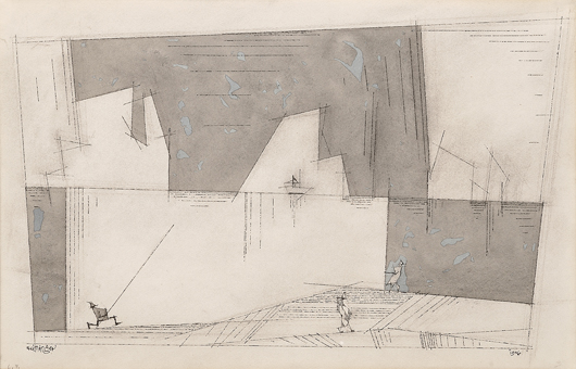 Lyonel Feininger (American, 1871-1956) signed ‘It Happened in a Dream’ ‘L.F.’ in pencil lower left and dated it ‘1946.’ The ink, gouache and graphite work on laid paper, 12 1/2 inches by 18 7/8 inches has a $40,000-$60,000 estimate. Image courtesy of Skinner Inc.