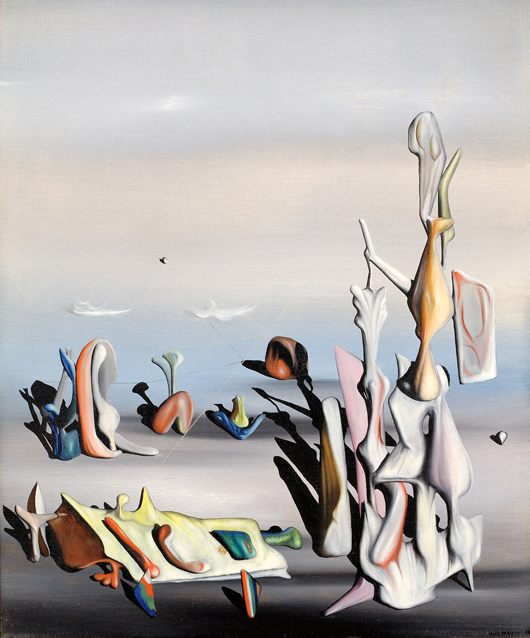 Yves Tanguy’s ‘Un peu après’ (A Little Later) in 1940 after coming to America. The quixotic landscape is oil on canvas mounted to Masonite, 18 by 15 inches. The painting expected to sell for $300,000-$500,000. Image courtesy of Skinner Inc.