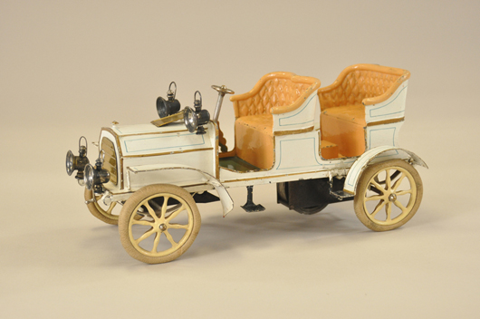 Rare circa-1903 Marklin (German) tinplate four-seat tourer, 13 inches, clockwork, known to have been one of Donald Kaufman most highly prized acquisitions, $55,200. Bertoia Auctions image.