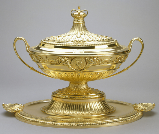 This superb soup tureen, from a silver-gilt dinner service commissioned from the Royal Goldsmith Thomas Heming in 1789-90, probably to commemorate George III’s recovery from illness, has been loaned by the Royal Collection to the exhibition 'The Classical Ideal: English Silver 1760-1840' at Koopman Rare Art in London, June 3-25. Image courtesy the Royal Collection and Koopman Rare Art. 