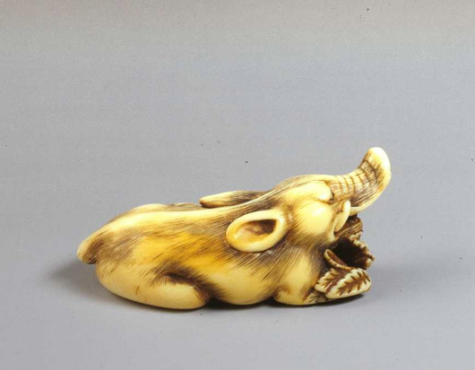 This exquisite Japanese ivory netsuke of a boar by Masanao of Kyoto, circa 1750-1780, will be on the stand of Sydney L. Moss at the Russian, Eastern & Oriental Fine Art Fair at London's Park Lane Hotel, where it is priced at £80,000 (around $115,400). Image courtesy Sydney L. Moss.