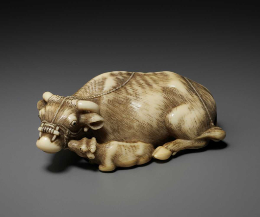London-based Asian art specialist Sydney L. Moss will be showing this 18th-century ivory netsuke of an ox and its calf signed by Tomotada, Kyoto, circa 1760-80, 2 3/8 inches long, at the Russian, Eastern & Oriental Fine Art Fair. Image courtesy Sydney L. Moss.
