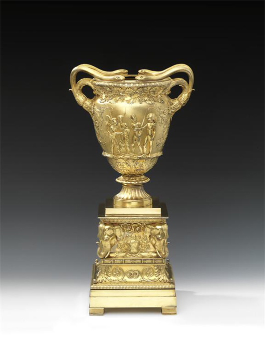This George IV silver-gilt presentation vase and stand by Philip Rundell fetched a hammer price of £95,000 ($137,200) at Woolley & Wallis in Salisbury, despite having lost its cover. Image courtesy Woolley & Wallis.