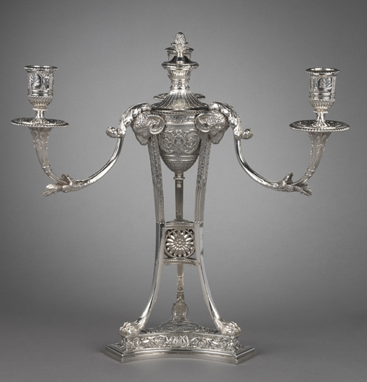 A three-light candelabrum, 1774-75, by John Carter, designed by Robert Adam, loaned by Lloyd’s of London to the exhibition 'The Classical Ideal: English Silver 1760-1840' at Koopman Rare Art in London from June 3-25. Image courtesy Lloyds of London and Koopman Rare Art.