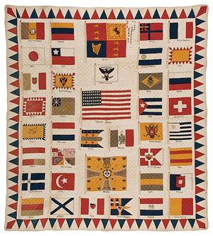 Some antique quilts make political statements, such as this signed and dated 1898 Iowa flag quilt commemorating the Spanish-American War. The Spanish-American War was a four-month conflict between Spain and the United States fought over Cuban independence. The war developed into a global conflict, as demonstrated by the flags on this quilt, which is offered with a $7,000-$9,000 estimate in Cowan’s Auctions’ May 22, 2010 sale titled The American Scene: Decorative Art. Image courtesy LiveAuctioneers.com and Cowan’s Auctions.