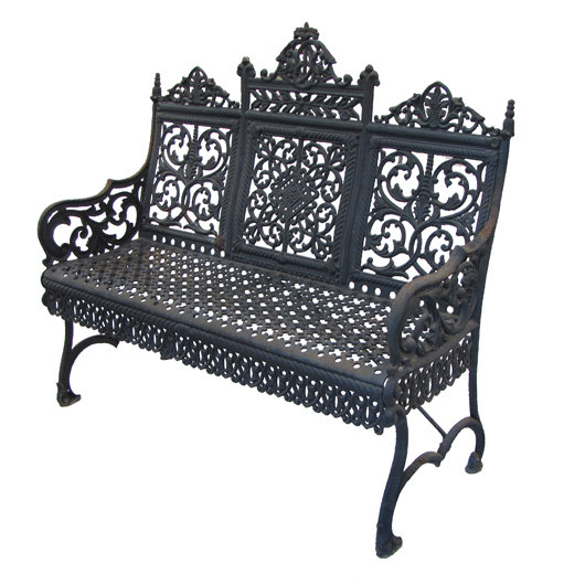 Peter Timmes & Sons cast-iron garden bench, 1895, 40 inches high by 44 inches wide. Image courtesy of William Jenack Estate Appraisers and Auctioneers.