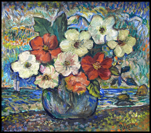 David Burliuk (Russian/American, 1882-1967), ‘Flowers on the Beach,’ oil on canvas board, signed, 15 by 17 1/4 inches, est. $7,000-$10,000. Image courtesy of William Jenack Estate Appraisers and Auctioneers.
