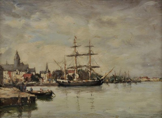 Painting attributed to Eugene Boudin (1824-1898, French), ‘Le Port du Havre,’ 1875, oil on panel, bears signature, lower left, 9 1/2 inches by 13 inches (sight), giltwood frame, estimate: $3,000-$5,000. Image courtesy of Millea Bros.