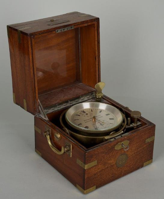 Ulysse Nardin Grand Prix two-day boxed marine chronometer, circa 1940, no. 616, case 7 1/2 inches square, estimate: $2,500-$3,500. Image courtesy of Millea Bros.