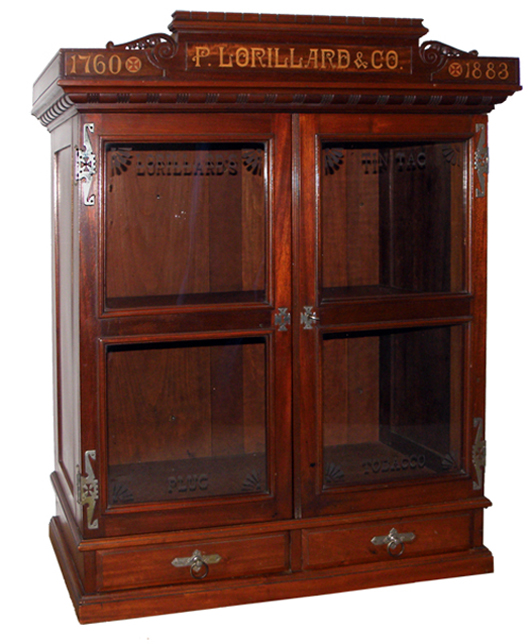 Original walnut P. Lorillard & Co. tobacco cabinet. Mosby & Co. image.