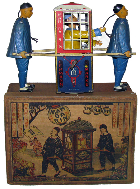 Lehmann Mandarin tinplate wind-up toy with scarce original box. Mosby & Co. image.