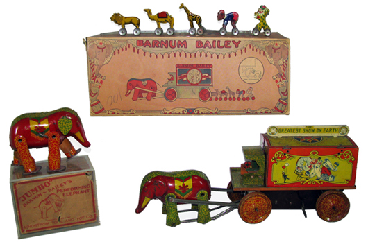 Rare, boxed Lindstrom Barnum & Bailey set featuring Jumbo the Elephant. Mosby & Co. image.