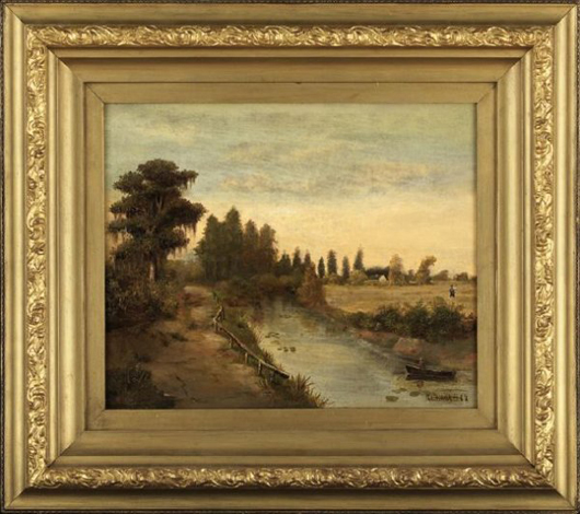 New Orleans artist Richard Clague is credited with establishing the Louisiana school of landscape painting. This dated 1862 oil on panel carries a $175,000-$250,000 estimate. Image courtesy of New Orleans Auction Galleries.