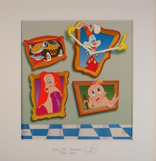 Roger Rabbit signed limited-edition hand-painted animation art featuring the film’s lead characters. Estimate: $600-$925.