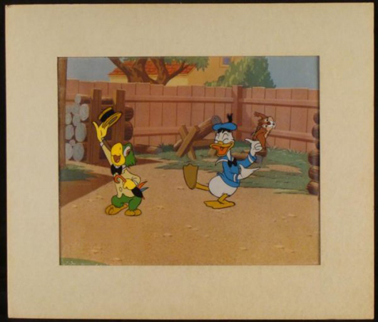 Rare original production cel featuring Donald Duck, 1950s, used in the production of a Walt Disney feature film and originally sold at the Art Corner Shop at Disneyland. Estimate: $1,600-$2,500.