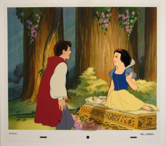 Snow White Dreams Come True Disney hand-painted, limited-edition animation cel setup from the movie Snow White and the Seven Dwarves (1937). Sheet size: 11½ x 12¾ inches. Estimate: $2,450-$2,650.