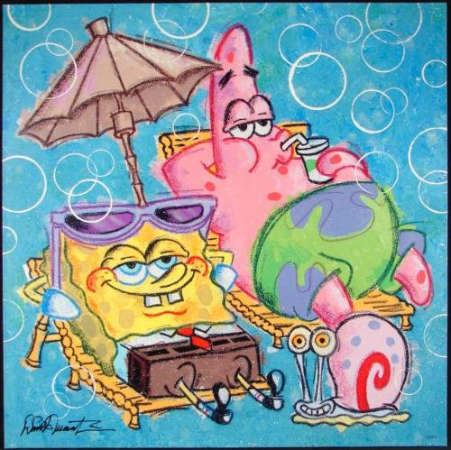 Bikini Bottom Break, Patrick Duerrstein-signed giclee-on-canvas print of Spongebob Squarepants and his buddy Patrick relaxing on the beach, from a limited edition of 100. Estimate: $395-$595.