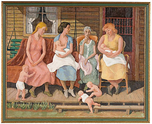 American mothers and their babies were the everyday subjects WPA artist Carl Nyquist (1888-1959), who created this oil on canvas painting during the Depression. The 23 1/2-inch by 29 3/4-inch work has an $2,000-$3,000 estimate. Image courtesy of Cowan’s Auctions.