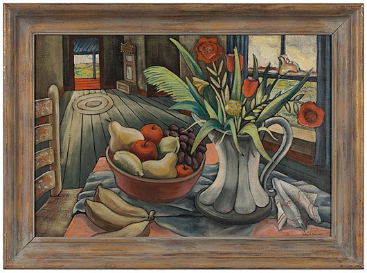 ‘Santa Fe Window’ is emblematic of a style that emerged from John Stenvall’s tenure with a WPA project in Chicago. The signed oil on canvas, 23 inches by 34 1/2 inches, has a $10,000-$15,000 estimate. Image courtesy of Cowan’s Auctions.